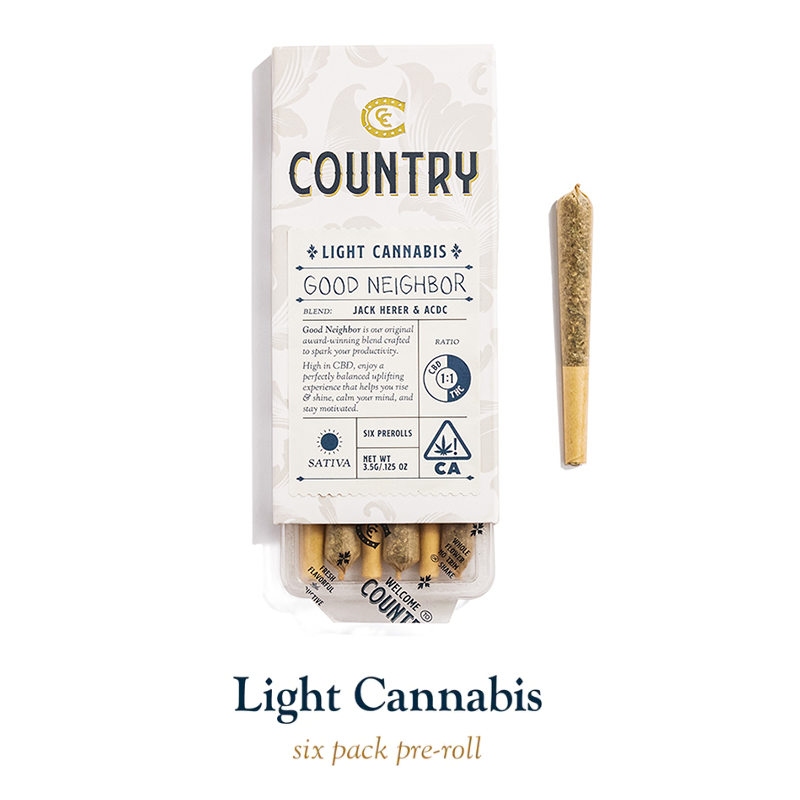 this is a 6 pack of country cannabis joints in a white box with blue text describing the blend good neighbor 